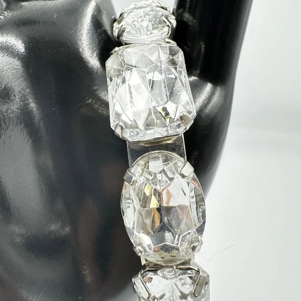 Vintage Silver Tone Large‎ Rhinestone Stretch Bracelet Chunky Multi Shape Retro
